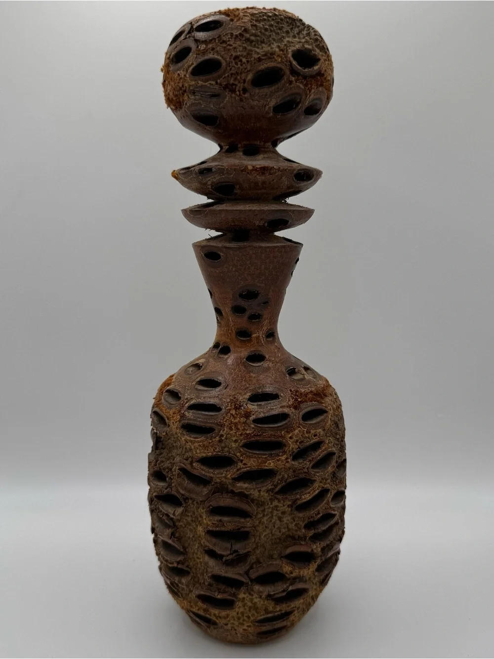 Vintage 1990 Banksia Pod Vase Turned Wood Seed Cone Bottle Studio Art MCM Brutal